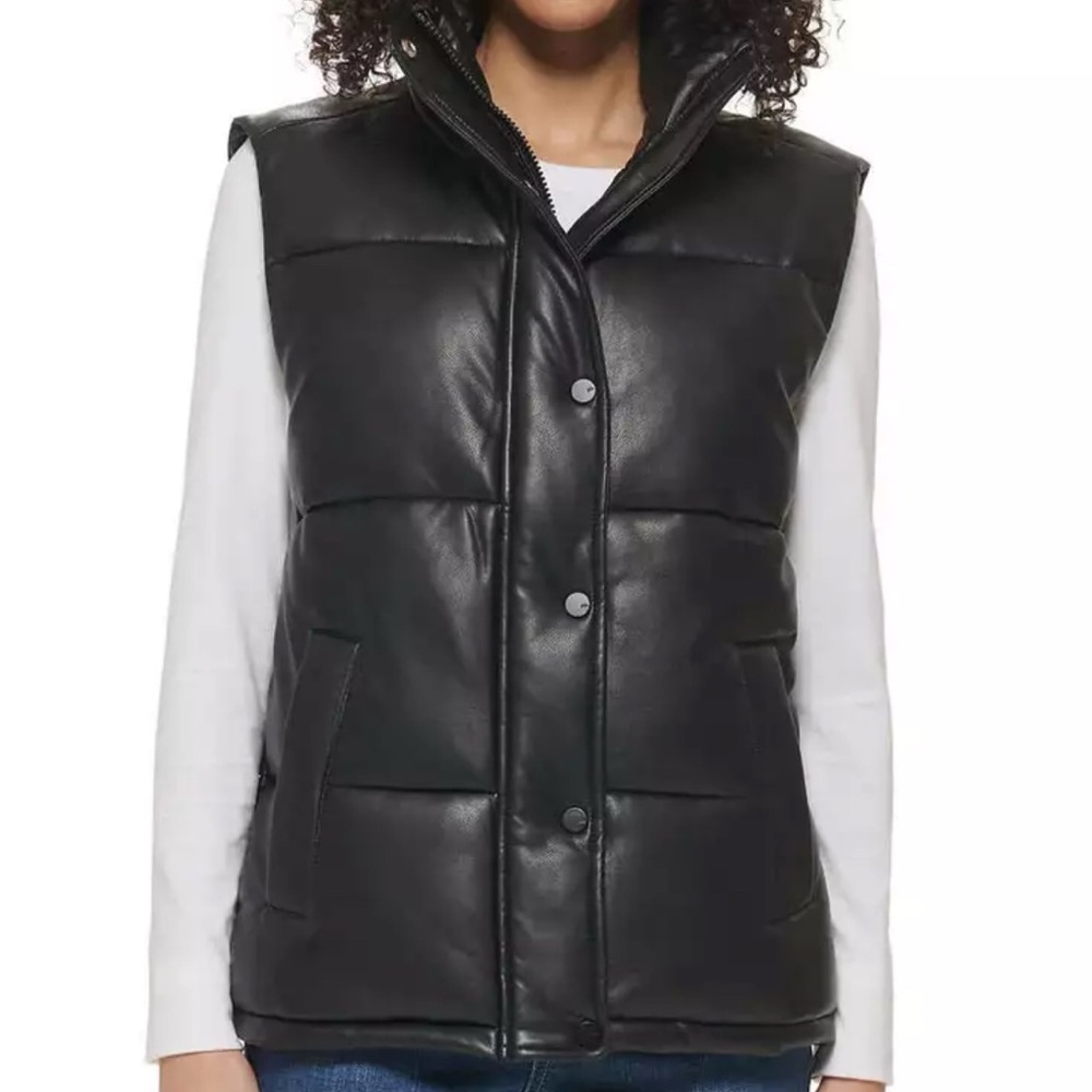 Marc New York Womens Size Large Faux Leather Puffer Vest Full Zip Snap NWT Black